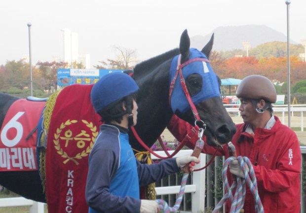 Mari Daemul waits in the KRA Cup Classic winner's circle